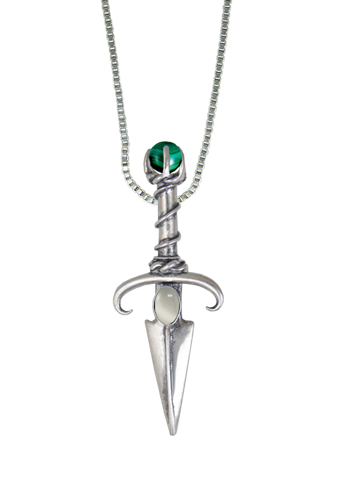 Sterling Silver Black Prince's Knife Dagger Pendant With White Moonstone And Malachite